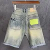 Mäns jeans sommarshorts sträcker män denim retro blå smala raka modefickor deserings streetwear lapptäcke kpop