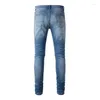 Men's Jeans Men Stretch Denim Biker Classic Blue Pleated Patch Patchwork Ripped Pants Streetwear Skinny Tapered Trousers