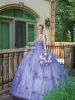 Lavanta quinceanera elbiseler dantel aplike kayışlar el yapımı çiçekler katmanlı korse kolsuz tül özel tatlı prenses yarışmacı elbisesi vestidos