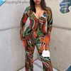 Женские брюки с двумя частями 2023 Summer Deep V Floral Set Set Women Sexy Slim Fit Printed Wide Bants Fashion Casual Street Clothing T230714