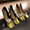 Geklede Schoenen Metaal Decoratie Vierkant Goud Teen Dames Sandalen 2023 In Elegante Gemengde Kleur Hoge Hakken Pumps Slip-On Standaard Feest TRAF