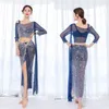 Stage Wear Belly Dance Top Skirt 2 Piece Set Sequin Embroidery Mesh Hip Scarf Sexy Elegant Fairy Exercise Suit Blue