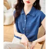 Camicette da donna Camicia di jeans a maniche corte Tasche stile coreano Giacca di jeans con bottoni Camicetta da donna con colletto rovesciato vintage