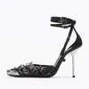 Sandales Sexy Black Mesh Femmes Sandales Metal Toe Talons Hauts Cercle Décor Été Pompes Cheville Bretelles Robe Chaussures Designer Sandalias Mujer 230713