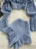 Calça feminina de duas peças SINGREINY com babados elástico feminino conjunto sólido decote quadrado mangas flare tops mini shorts estilo francês elegante 230713