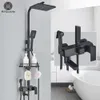 Badkamer Wastafel Kranen Zwart Messing Douche Kraan Set Regenval Badkuip Kraan Met Plank 4 Functies Hoogte Aanpassen Mixer Kraan Snelle Delivey 230713