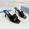 Med Box Black Brushed Leather Heel Sandal Woman Mid-Heel Slipper Heels Slide Mule Lady Dress House Flip Flops Beach Sliders