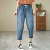 Kadınlar Kotlar Kadın Rahat Rahat Edebi Nakış Elastik Yüksek Bel Kesim Pantolon Uzun Kıçlı Jean için