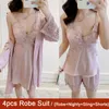 Vêtements de nuit pour femmes costume décontracté 4 pièces ensemble de pyjamas rose Satin ample col en v vêtements de nuit Sexy été Bathorbe chemise de nuitSlingShorts