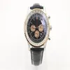 Orologio al quarzo di nuovo stile Funzione cronografo Cronometro Quadrante nero Cassa scanalata in oro Cintura in pelle Scheletro argento 1884 Navitimer Watc2834