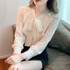 Blusas Femininas 2023 Fashion Chiffon Office Lady Camisa Elegante Blusa Feminina de Manga Longa Com Laço Damasco Sweet Tops Roupas de Primavera 24687