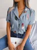 Women's Blouses Summer Women Elegant Feather Print Loose Shirt Top Casual Fashion Short Sleeve Lapel Collar Button Blouse T-shirt Streetwear