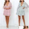Basic Casual Dresses New Boho Floral Mini Dress Y Backless Chiffon Beach Long Sleeve A-Line Ruffle Party Summer Pink Sundresses Dr Dhl9C