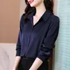 Kvinnor BLOUSES Fashion Woman 2023 Solid V-Neck Elegant Satin Full Shirts Pretty and Blue Button Chiffon Female Clothing