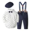 Kleding Sets Baby Boy Pak Met Hoed 3 6 Maanden Geboren Gentleman Formele Jurk Peuter Outfit Suits Romper BowTie Jarretelbroek Bruiloft