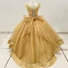 Vestido de lujo con flores doradas para niñas, apliques con hombros descubiertos, perlas, vestidos de baile de 3 flores, vestido bonito para niños, vestidos para ninas