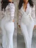 Dress New in Jumpsuit Women White Overalls Party Lace Rompers Bodysuit One Piece Long Sleeve Vneck Long Pants Y2k Elegant Spring Work