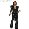 Kvinnors tvåbitar byxor Adogirl Bright Pu Leather Two Piece Set Elegant Women Sexig V Neck Puff Sleeve Lace Up Ruffle Blazer Top Flare Pants Suit T230714