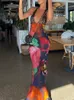 Elegant Tie Dye Floral Chiffon Dress For Women 2023 Summer Fashion Bandage Backless Lace Long Dresses Female Beach Evening Robe