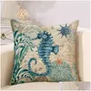 Taie d'oreiller Personnalisable Impression Simple Face Marine Tortue De Mer Hippocampe Baleine Poulpe Maison Coussin Ers 45X45Cm Canapé En Lin Dh0569 D Dh60B