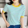 Tshirt للسيدات قصيرة الأكمام tshirt مخططة أساسية أنيقة بسيطة Allmatch harajuku القطن الرجعية Oneck العصرية فضفاضة الترفيه مريحة للسيدات 230713