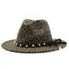 Mens Jazz Fedora Hats Gentleman Cotton Winter Women Leopard print pearl Aba larga Top Hat Chapeau Femme