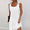 Urban Sexy Dresses Lady Seaside Casual Women Vintage Lace Hollow Out Patchwork Beach Dress Summer Embroidery Pattern Sleeveless Mini 230714