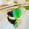 Cluster Rings 2023 Arrival Round Jade 14K Yellow Gold Plated Finger Ring Female Vintage Emerald Wedding Antique Jewelry Party Gift