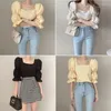 Kvinnors blusar Kvinnor Summer Korean Chic Slim Design Feeling Pull Pleated Square Neck Bubble Sleeve Chiffon Shirt Topps