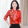2023 Kvinnors designer Floral Tryckt skjorta med nacke bow plus size elegant långärmad kontor damer runway silkknapp skjortor söt tjej chic satin blusar röda toppar