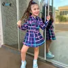 T shirts Qunq 2023 Summer Girls Turn Down Collar Plaid Long Sleeveless Top Pleated Skirt 2 Pieces Set Casual Kids Clothes Age 3 T 8T 230713