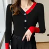 Pulls pour femmes Colorblock femmes col en v mince boutons coréens mode blanc tricoté hauts pull femme automne hiver 2023 femme vêtements