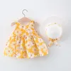 Vestidos de niña de 2 piezas, conjunto de ropa de verano para niños pequeños, flores coreanas, bonito lazo, sin mangas, de algodón, vestido de playa para bebé, sombrero para el sol, BC005-1