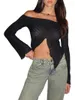 Women's Tanks Women S Off-Shoulder Ribbed Knit Crop Top With Ruffled Hemline And Sheer Long Sleeves - Trendy Y2K Style Sweater For Fall