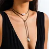 Sexy Black Wax Line Corda regolabile Bowknot Back Chain Collana Donna Semplice imitazione perla Ciondolo Accessori per gioielli