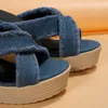 Sandals Cross Strap High Wedge Slippers Women Summer Blue Denim Chunky Platform Sandals Woman Non Slip Thick Sole Slides Flip Flops 230714