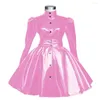 Casual Dresses Mens Womens Full Circle Skater Dress Fetish PVC Stand Collar Button Pleated Long Puff Sleeve Vinyl Faux Leather Club