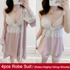 Vêtements de nuit pour femmes costume décontracté 4 pièces ensemble de pyjamas rose Satin ample col en v vêtements de nuit Sexy été Bathorbe chemise de nuitSlingShorts