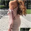 Dames Blouses Shirts Zomer Vrouwen Nieuwe Gestreepte Losse Blouse Mode Dame Off Shoder Lace Up Vrouwelijke Elegante Tops Lange Mouw Chic Dhcoy