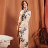 Traditional Chinese Women Flower Cheongsam Vintage Print Split Evening Party Dress Sexy Ladies Robe Gown Elegant Qipao Vestidos Et355d