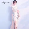 Hoge Split Qipao Lange Chinese Traditionele Trouwjurk Kant Moderne Cheongsam Oosterse Stijl Jurken Zomer Vrouwen Sexy Bloemen Eth209E