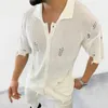 Camisetas masculinas 2023 verão tricô suéter gola polo manga curta oco buracos cardigã moda streetwear masculino tops