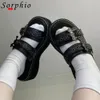 Slippers Sorphio Summer Double Strap Buckles Platform Wedges Fashion Goth Slippers Women's Metal Sandal för Comfy Black Shoes 230714