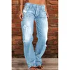 Women's Jeans Fashion Stretch Mid-Waist Straight Women Casual Stitching Denim Pants Washable Broken Holes