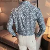 メンズカジュアルシャツのトレンドvネックメンズストリートウェアの花の花印刷スリムフィットケミーズhomme luxe haute qualite longleveドレスシャツt230714