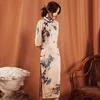 Traditional Chinese Women Flower Cheongsam Vintage Print Split Evening Party Dress Sexy Ladies Robe Gown Elegant Qipao Vestidos Et355d