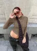 Kvinnors T-skjortor Kalevest Y2K Crop Tops Brown Fairy Grunge Women T-shirts Eesthetic Long Sleeve Tees Rave Vintage Outfits Top Female