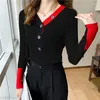 Pulls pour femmes Colorblock femmes col en v mince boutons coréens mode blanc tricoté hauts pull femme automne hiver 2023 femme vêtements