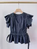 Kvinnors T -skjortor Kvinnor Casual Cotton Blue 2023 V Neck Ruffles Sleeve Lace Up Midjeskjorta Top