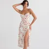 Urban Sexy Jurken Hugcitar Ruches Bloemenprint Slip Mouwloos Backless Bodycon Slit Midi Jurk Zomer Elegante Kleding Feest Y2K Groothandel 230714